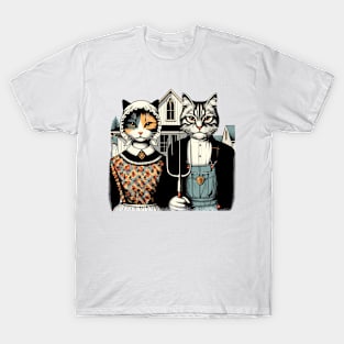 Retro American Gothic Cat Mom Cat Dad Gifts Funny Cat T-Shirt